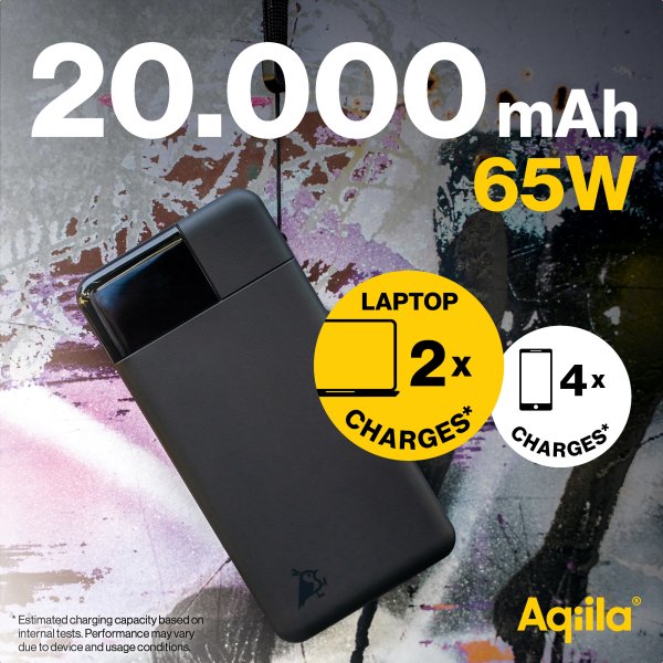 Powerbank Powerbird 20 000 mAh 65 W, svart, Aqiila