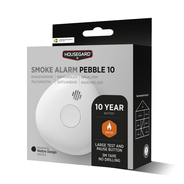 Brandvarnare Pebble 10 med inbyggt 10-årsbatteri och 3M-tejp, Housegard