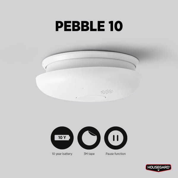 Brandvarnare Pebble 10 med inbyggt 10-årsbatteri och 3M-tejp, Housegard