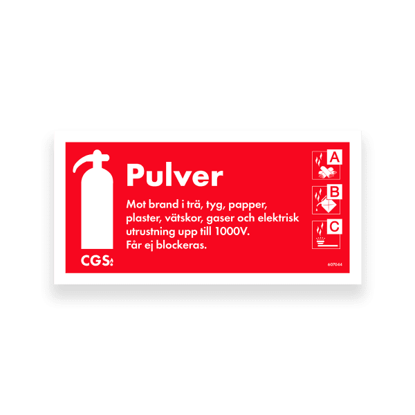 Skylt pulver 10 × 20 cm, röd/vit, vinyl, CGS