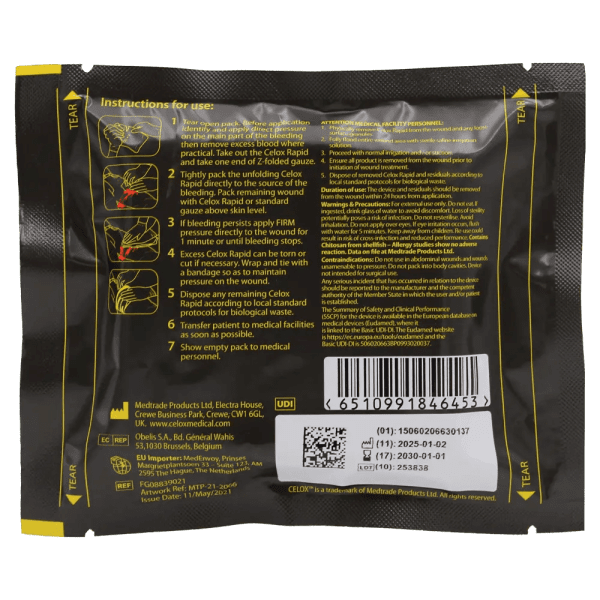 Celox Rapid Gauze, blodstillande förband, 5 ft. z-vikt, swe-eng