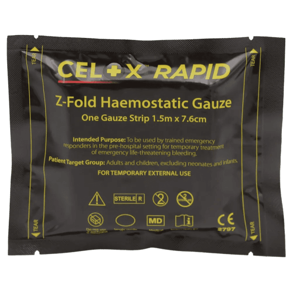 Celox Rapid Gauze, blodstillande förband, 5 ft. z-vikt, swe-eng