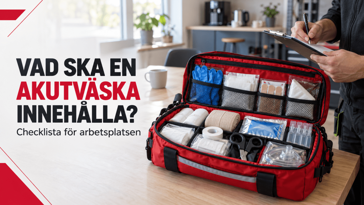 Öppen akutväska med första hjälpen-material kontrolleras på en arbetsplats