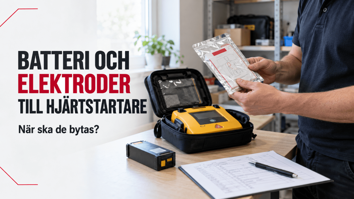 Kontroll av batteri och elektroder till en hjärtstartare på en arbetsplats