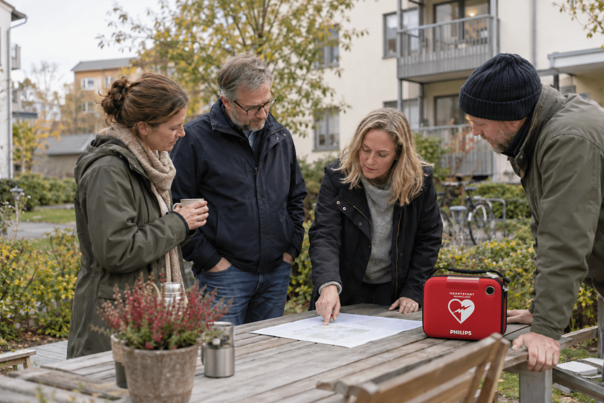 Grannar planerar tillsammans en insamling till en gemensam hjärtstartare